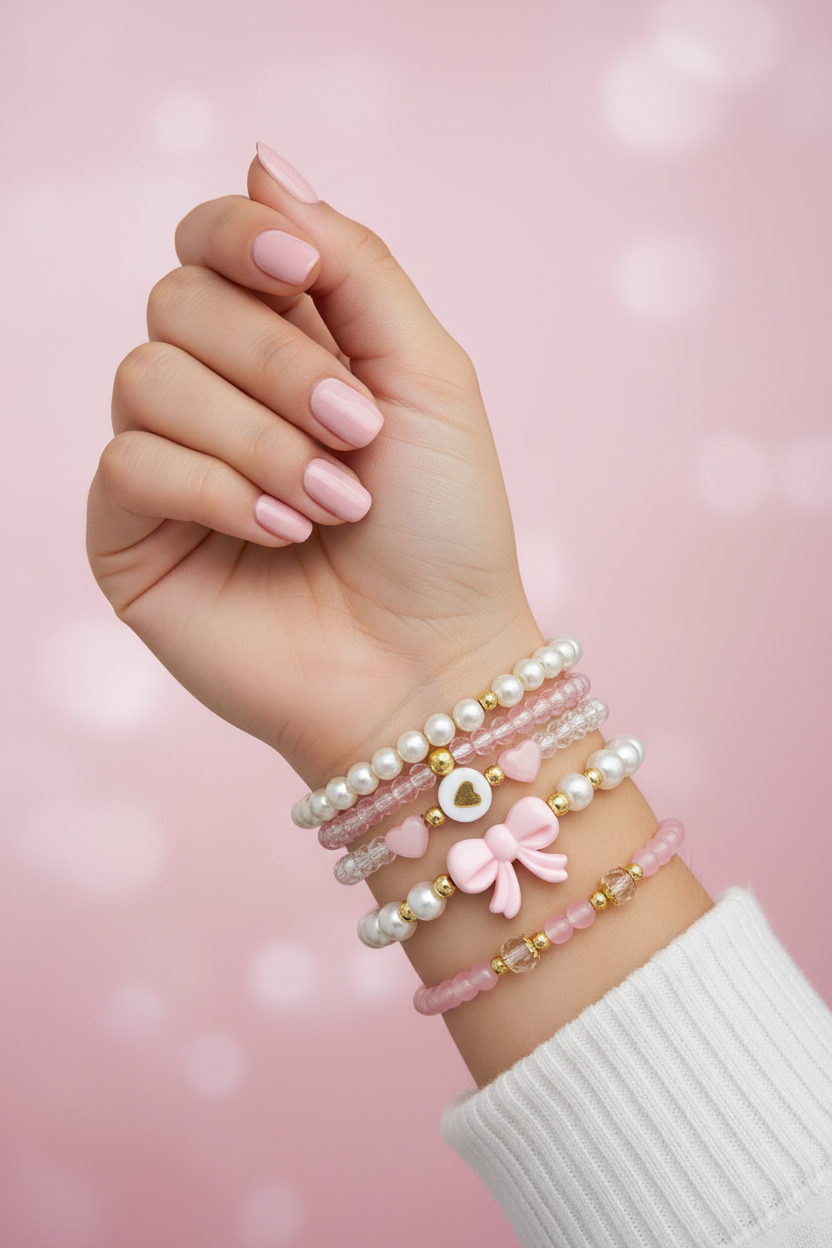 6'lı Boncuk, Kalp ve Fiyonk Bileklik Seti | Tatlı ve Romantik Stil
