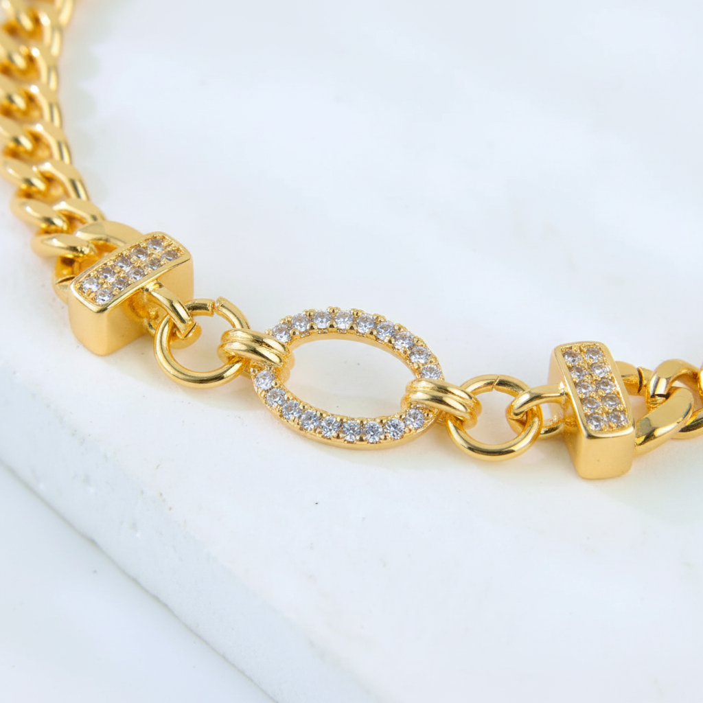 Bracelet Doré Plaqué Or | Style Dubai & Oriental | Zirconia & Chaîne Cubaine