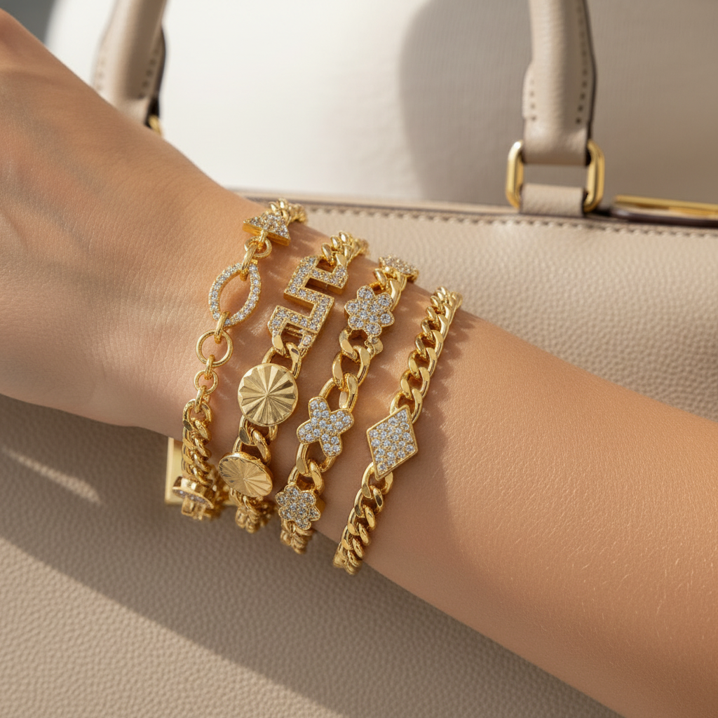 Bracelet Doré Plaqué Or | Style Dubai & Oriental | Zirconia & Chaîne Cubaine