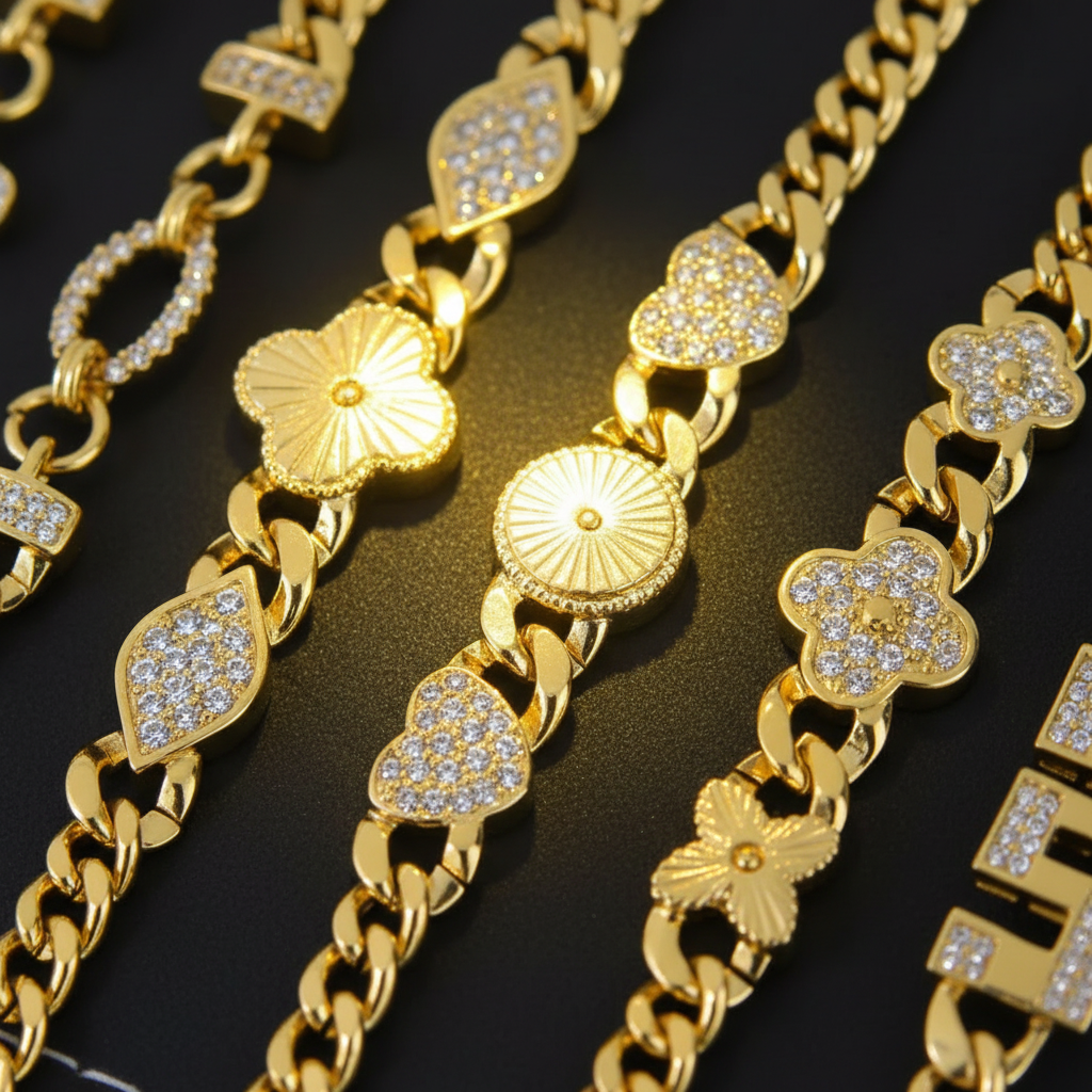 Bracelet Doré Plaqué Or | Style Dubai & Oriental | Zirconia & Chaîne Cubaine