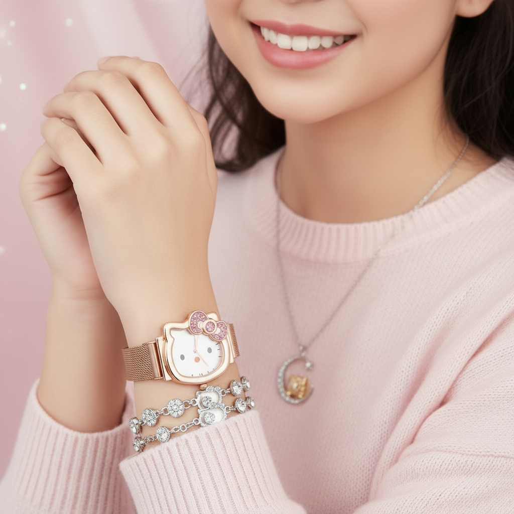 Coffret 3 pièces Montre Femme Hello Kitty – Bracelet & Collier Assortis