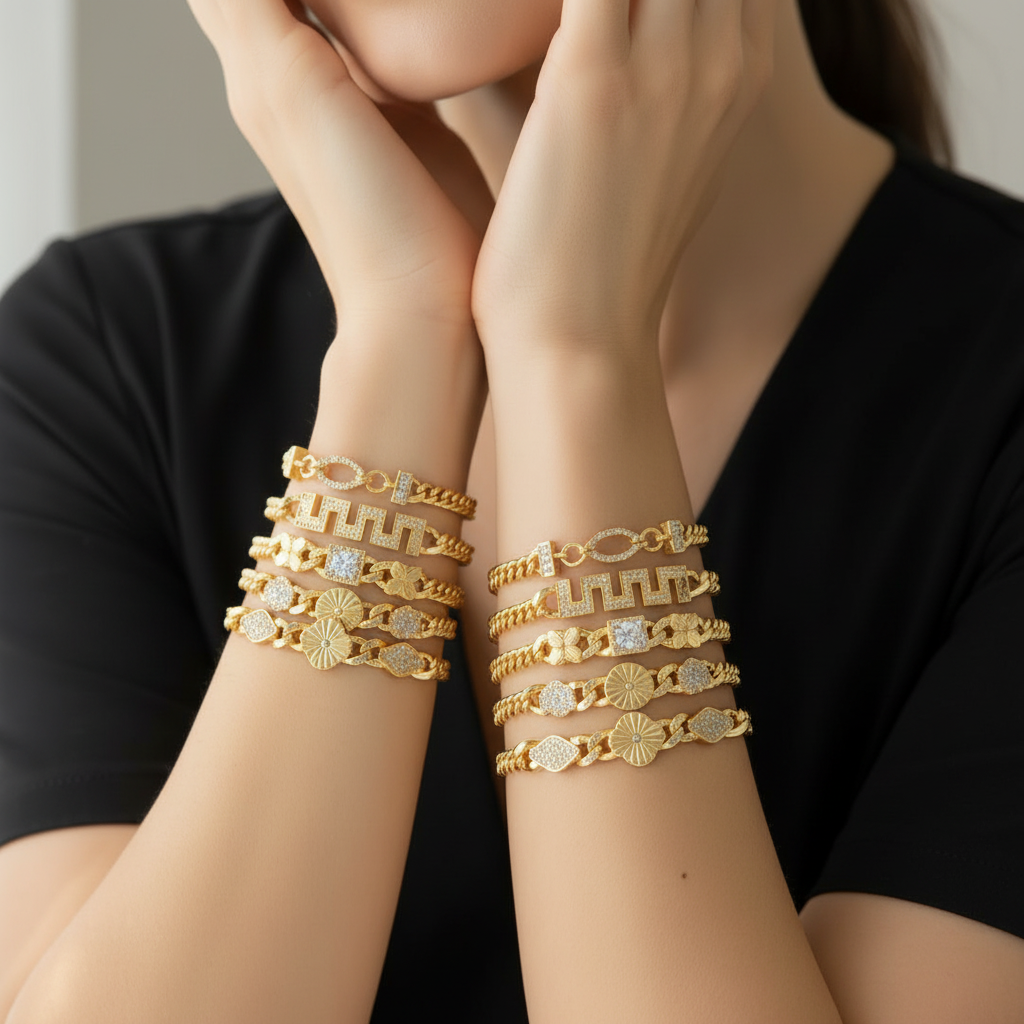 Bracelet Doré Plaqué Or | Style Dubai & Oriental | Zirconia & Chaîne Cubaine