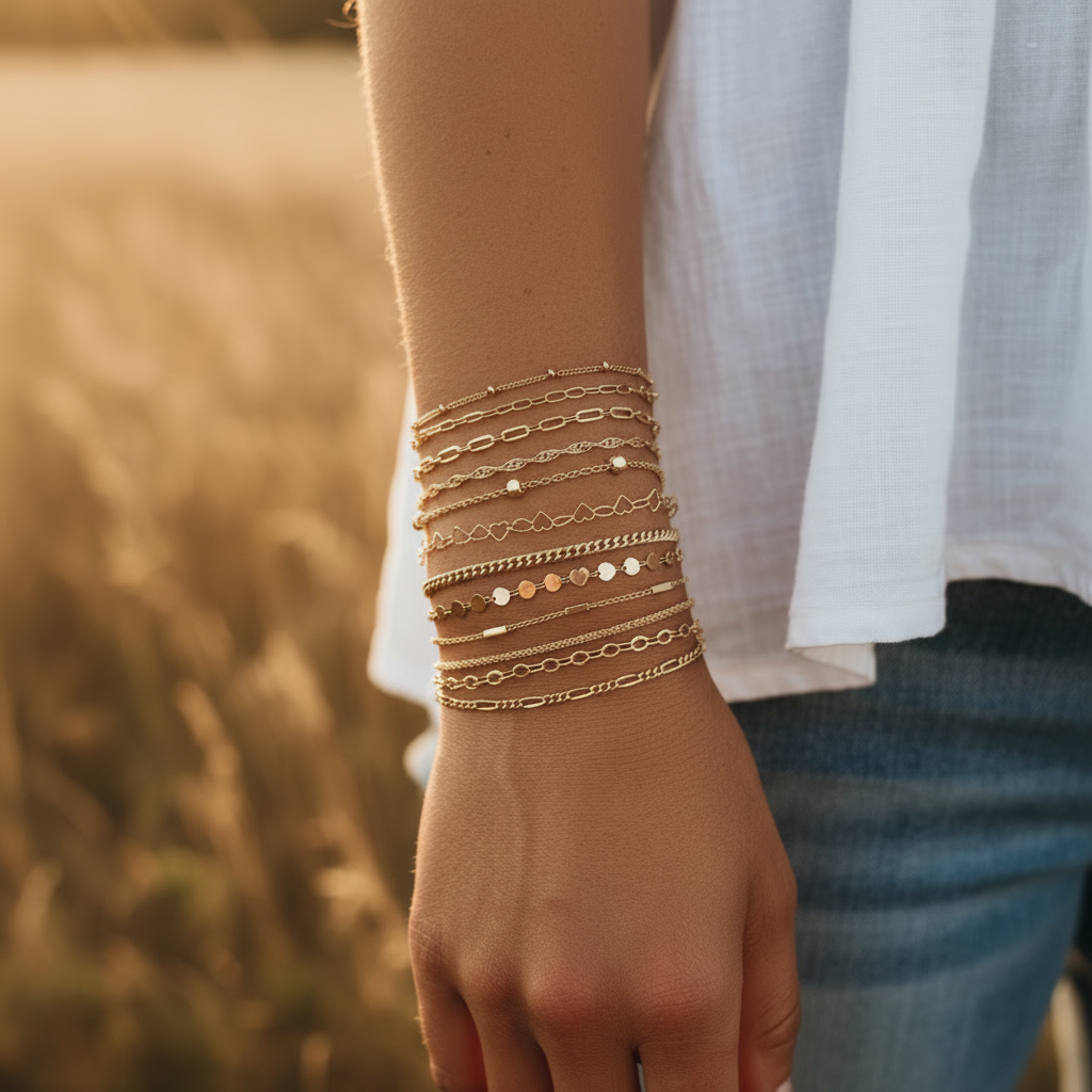 Set 11 Bracelets Chaîne — Plaqué Or 14K · Style Bohème · Stackable